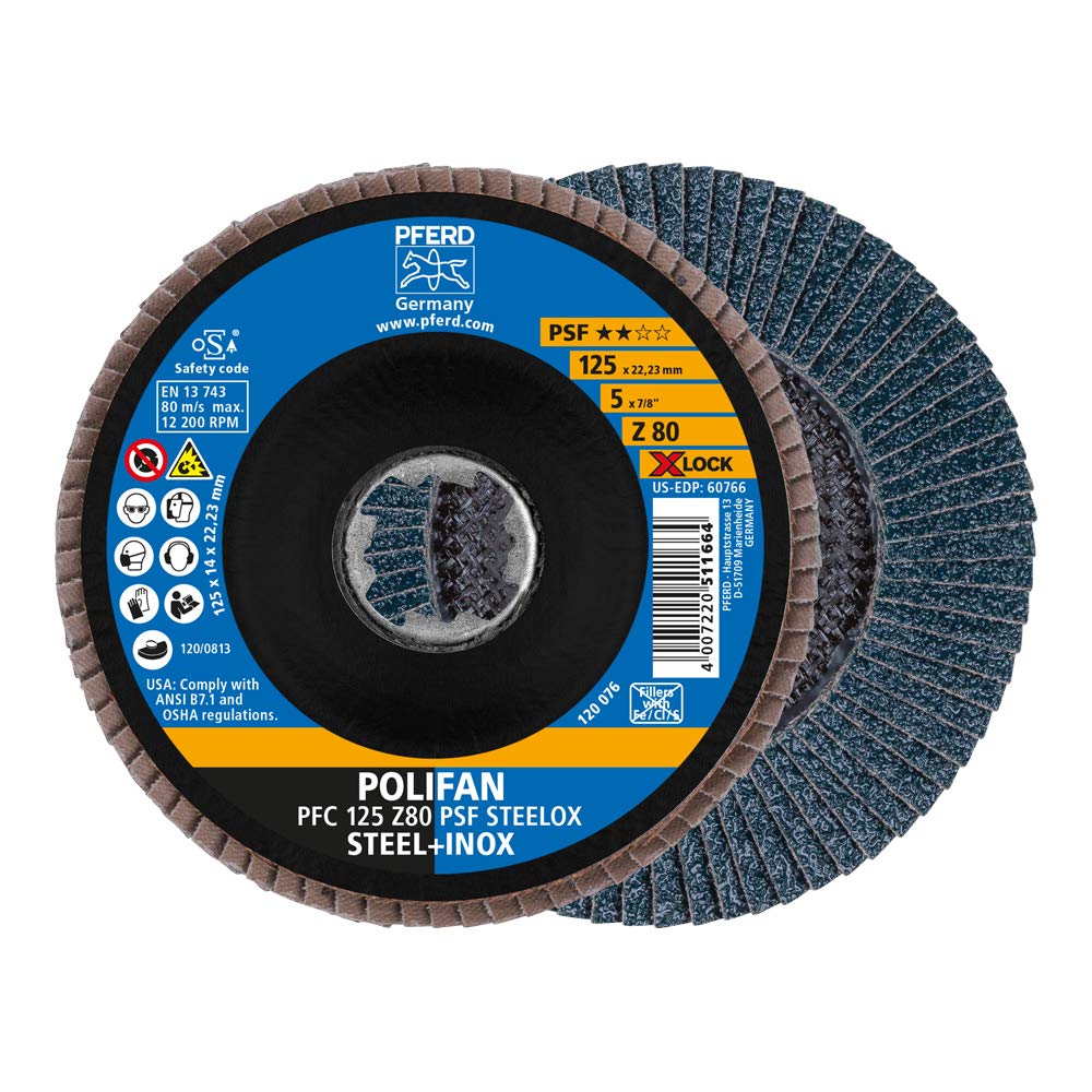 PFERD Polifan Serrated Washer, Pack of 10, 125 mm, Z80, X-Lock (22.23 mm), PSF Steelox, 67668126 – for high Economy Thanks to Aggressive Machining with Good Service Life.