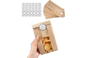 Bake Choice 50 PCS Cookie Bags With Window, Kraft Paper Bags with Stickers, Candy Bags, Small Paper Bags, Treat Bag for Cooki