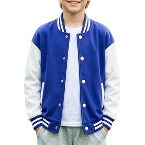 Betusline Boys Girls Varsity Baseball Jacket Button Up Casual Color Block Outerwear with Pockets