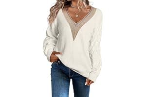 EVALESS Womens Long Sleeve Sweaters Fall 2023 Trendy Sexy Lace V Neck Knit Drop Shoulder Pullover Sweater Jumper Tops