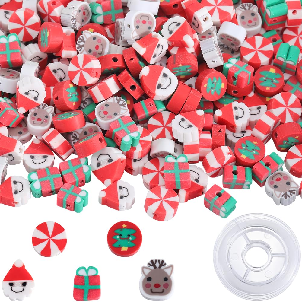 SUNNYCLUE 1 Box 250+Pcs Christmas Bracelet Making Kit 10mm Clay Beads Kit Cute Xmas Polymer Flat Disc Vinyl Loose Spacer Bead Bulk for jewellery Making Bracelet Beading Diy Craft Party Decor Supp