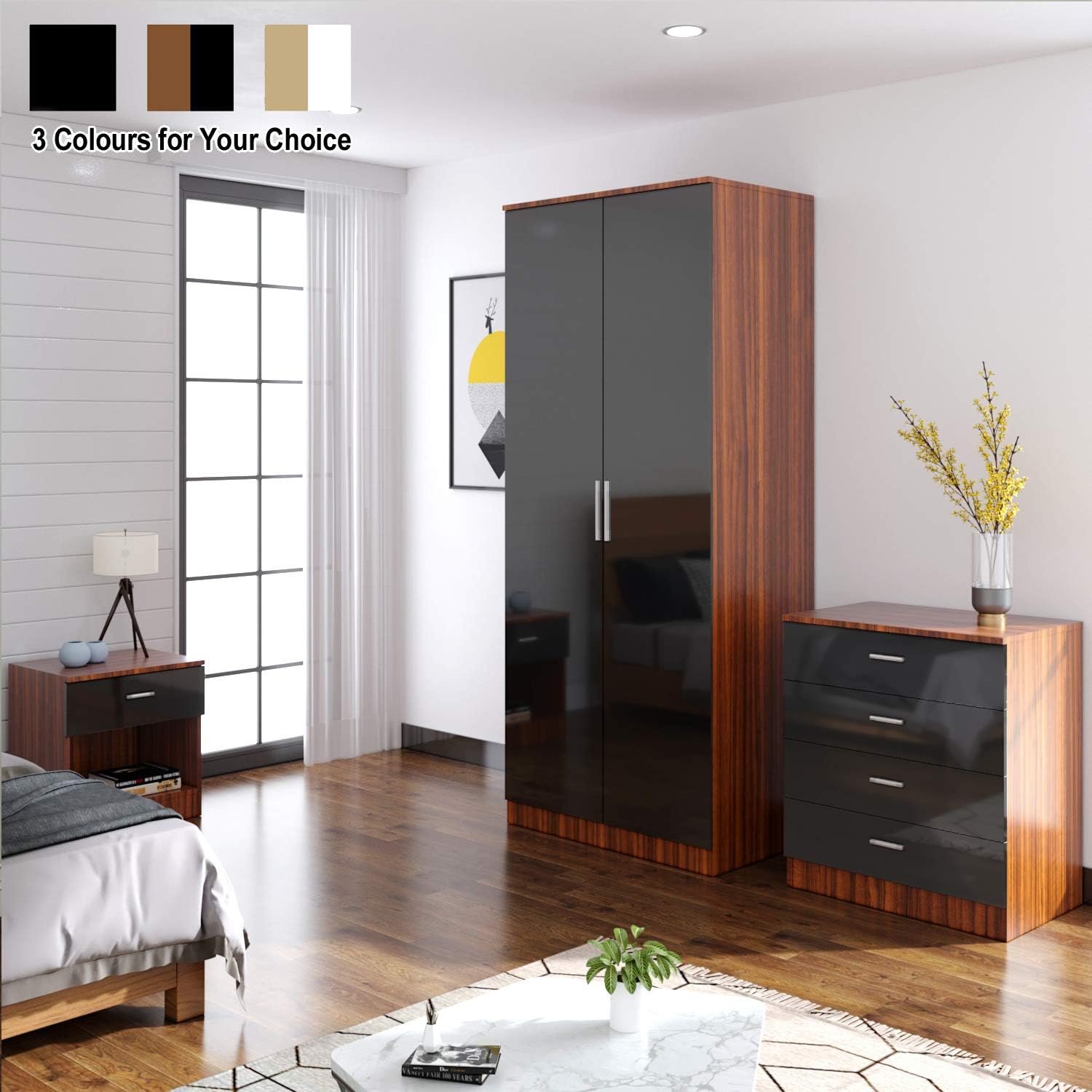 Elegant 3 Piece Bedroom Furniture Sets High Gloss Soft Close