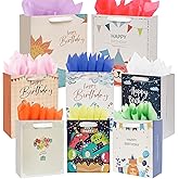 UOKHO Birthday Gift Bag with Handle and Tissue Paper, 8 Pcs Reusable Gift Bags Assorted Sizes and Designs, Large, Medium, Small Size Birthday Gift Bag for Kids, Women, Men -15“,13“, 9“