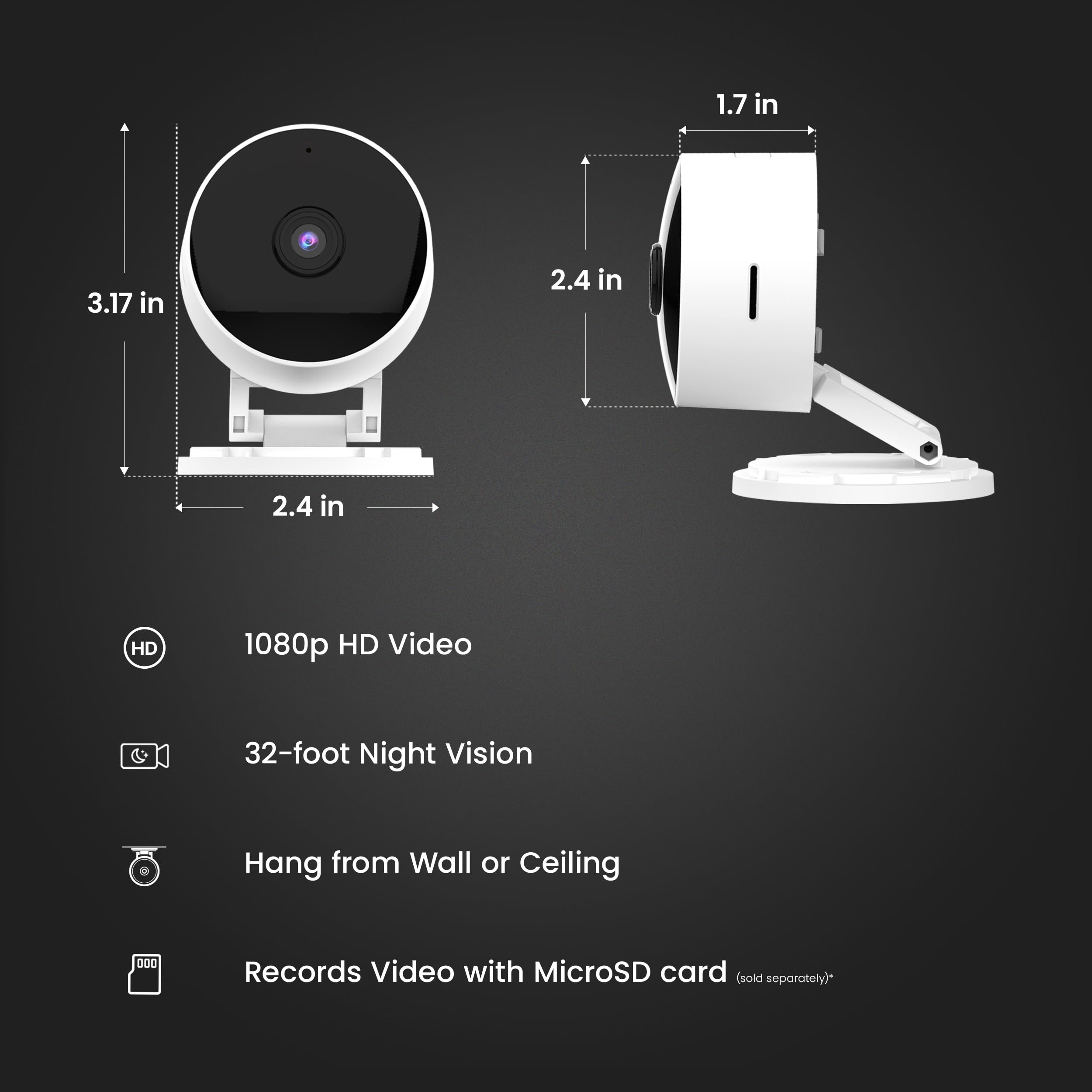 Feit Electric Indoor Security Camera with Motion Detection, 30ft. Night Vision, 360° Adjustable Head, 2.4GHz WiFi, 2-Way Audio, 1080p HD, Works with Alexa & Google Asst, Plug-in, White - CAM1/WIFI - View 3