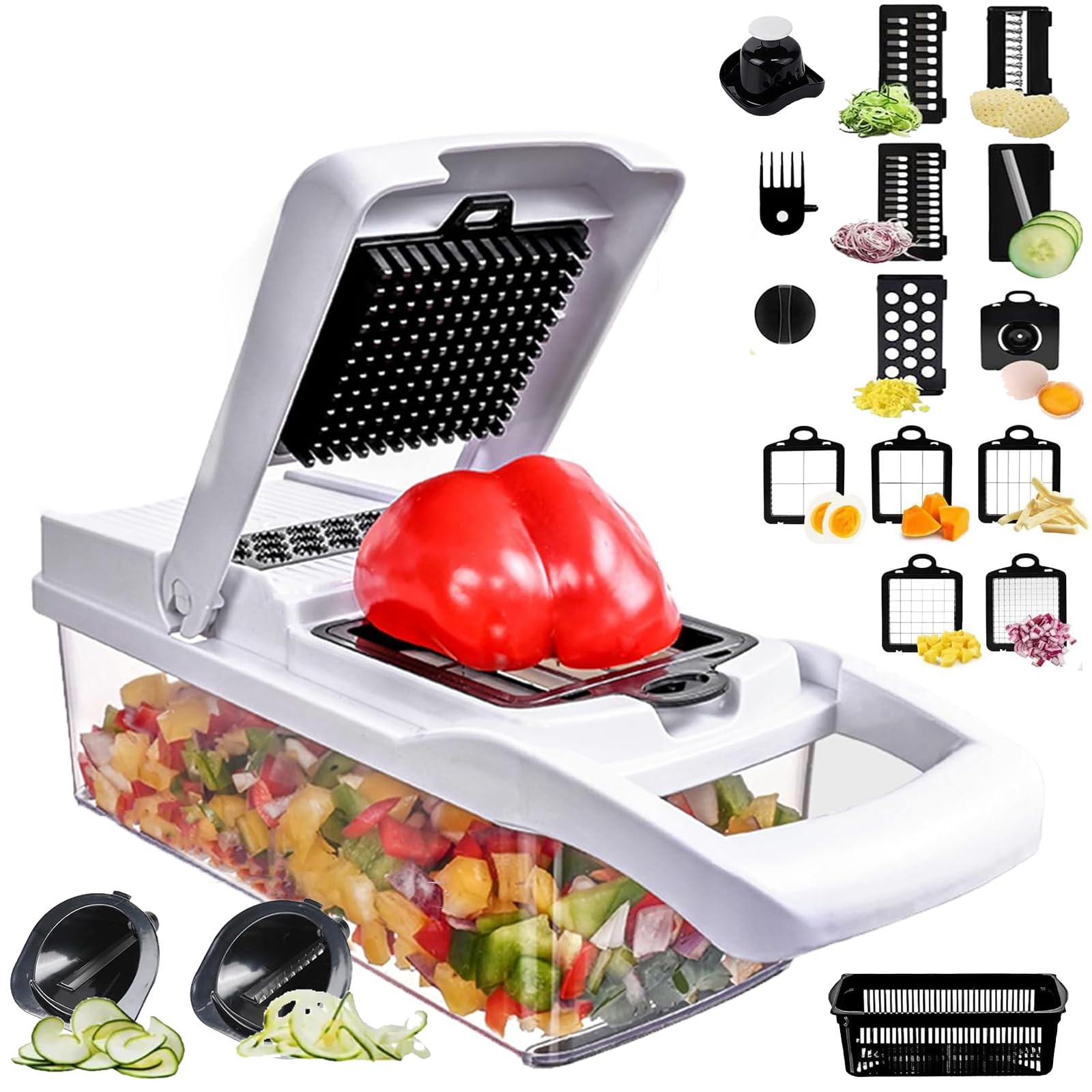 SGAONSN 22 in 1 Vegetable Chopper,Kitchen Mandoline with 1.2L Container & Draining Basket,Vegetable Chopper Onion Chopper & Dicer,Lemon Squeezer,Egg Seperator-Ultimate Kitchen Gadget (White)