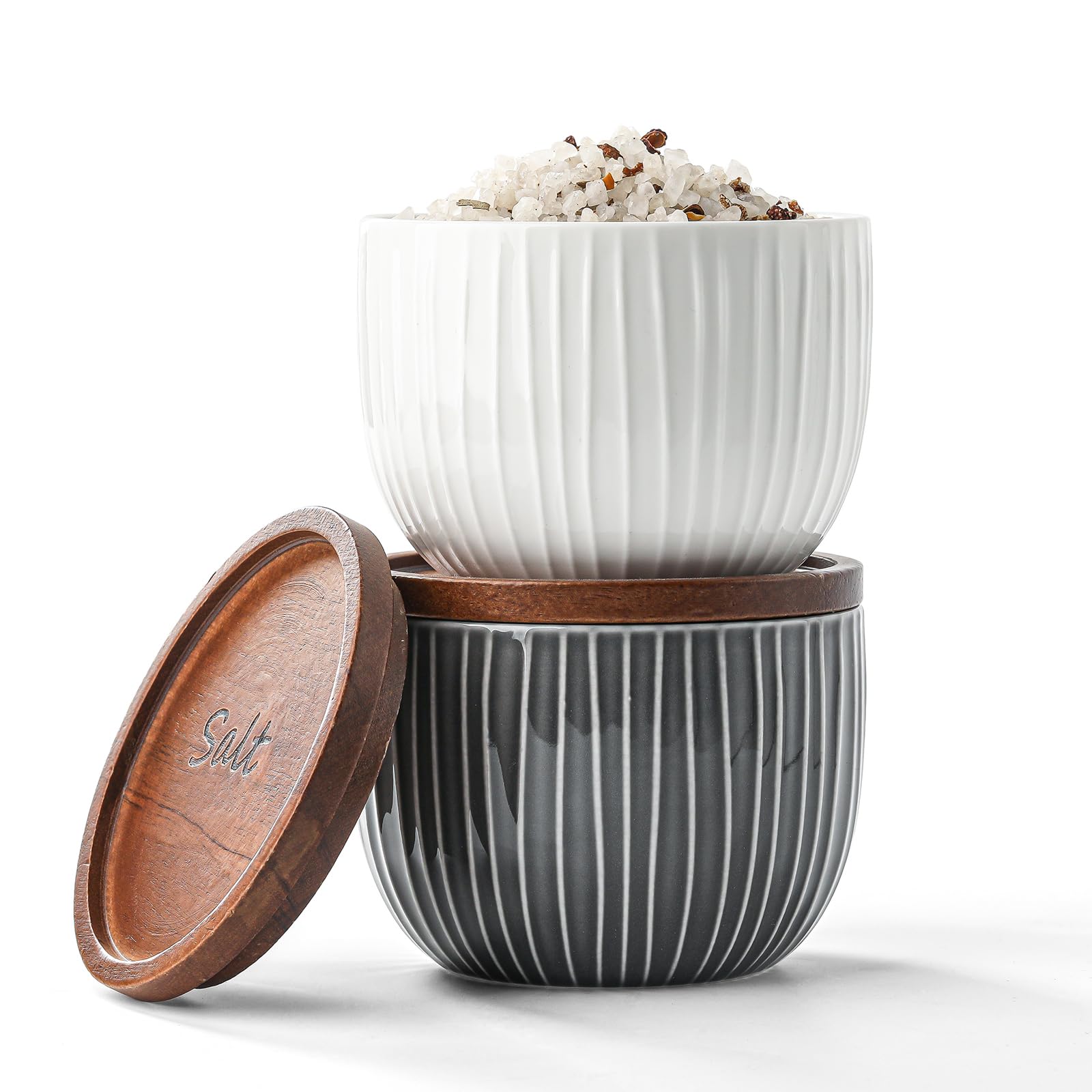 Photo 1 of Adewnest Ceramic Salt and Pepper Bowls: 10 oz Stackable Spice Cellar with Wooden Lid - Stacked Seasoning Storage Containers for Kitchen Countertop - Grey & White, Set of 2