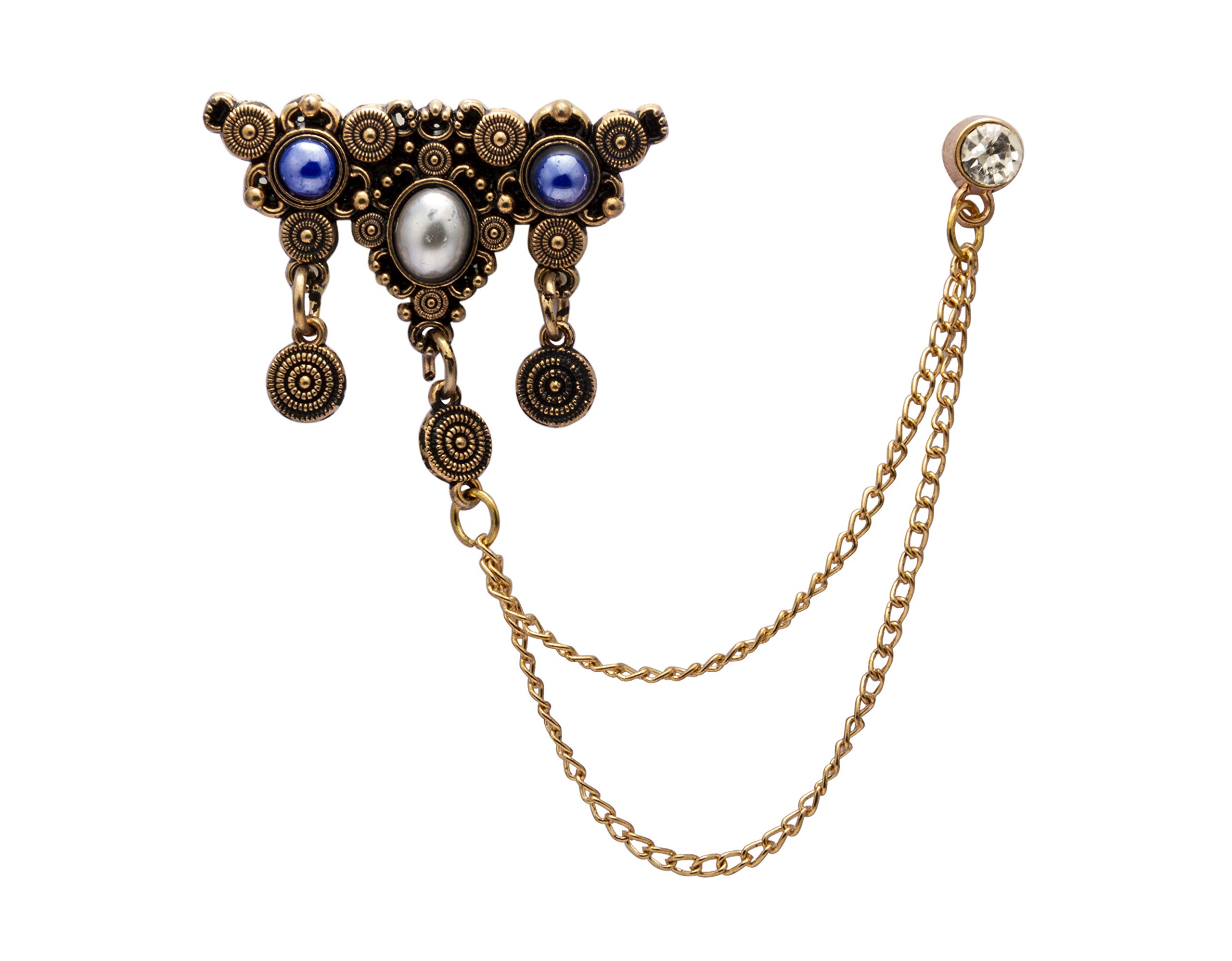 Brooch Lapel Pin for Men Blue and White Stone Detailing Hanging Chain with Crystal Lapel Pin Badge Coat Suit Wedding Gift Party Shirt Collar Accessories