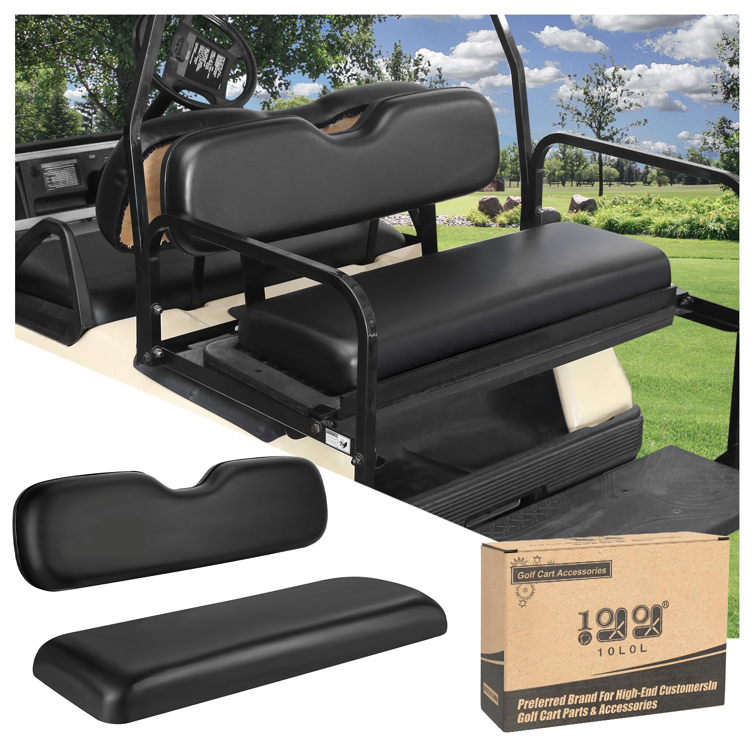 EZGO RXV Rear Flip Seat Kit – Black Cushions (Fits 2008+ Models)