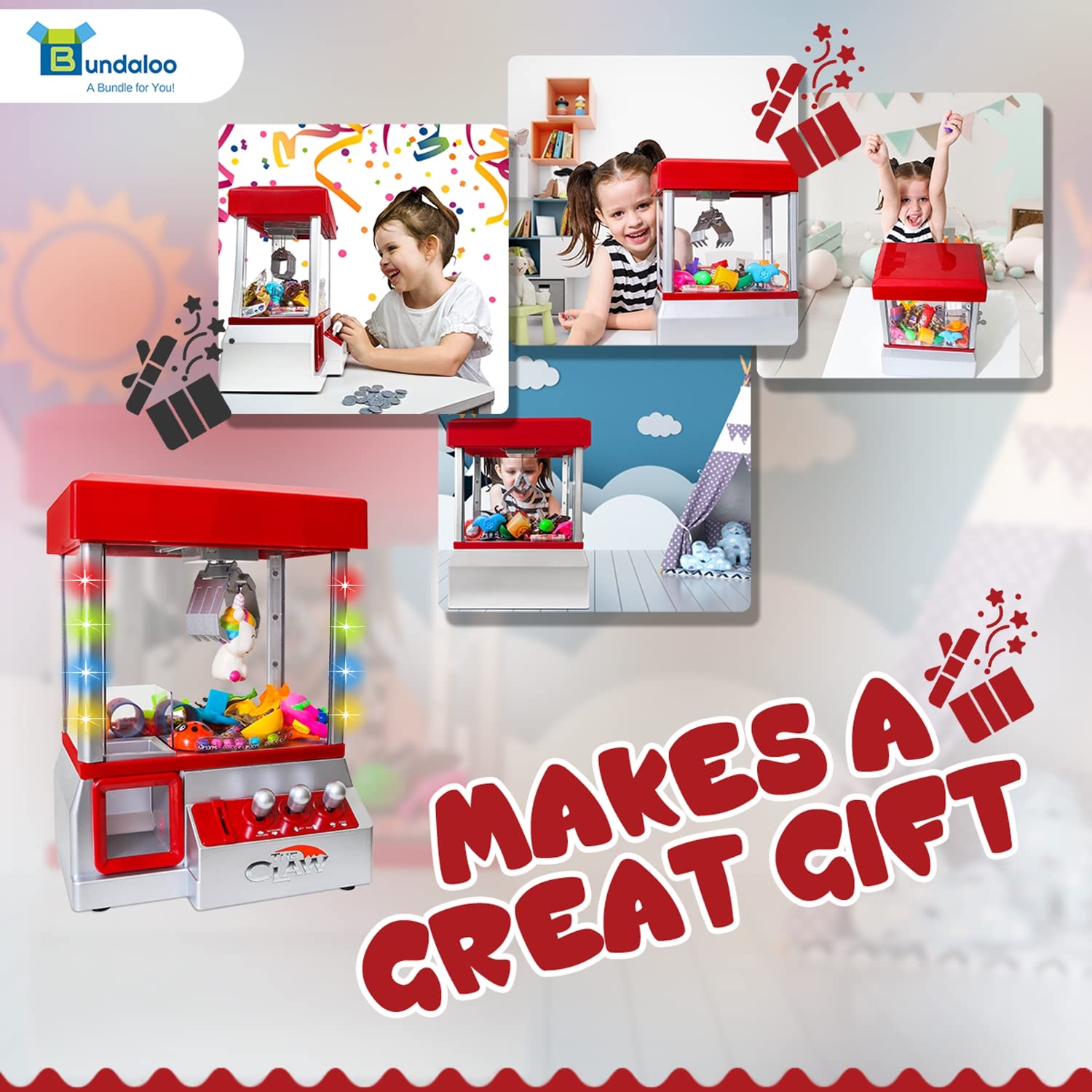 Bundaloo Claw Machine Arcade Game with Sound, Cool Fun Mini Candy Grabber Prize Dispenser Vending Toy for Kids, Boys & Girls (W/Flashing Lights)