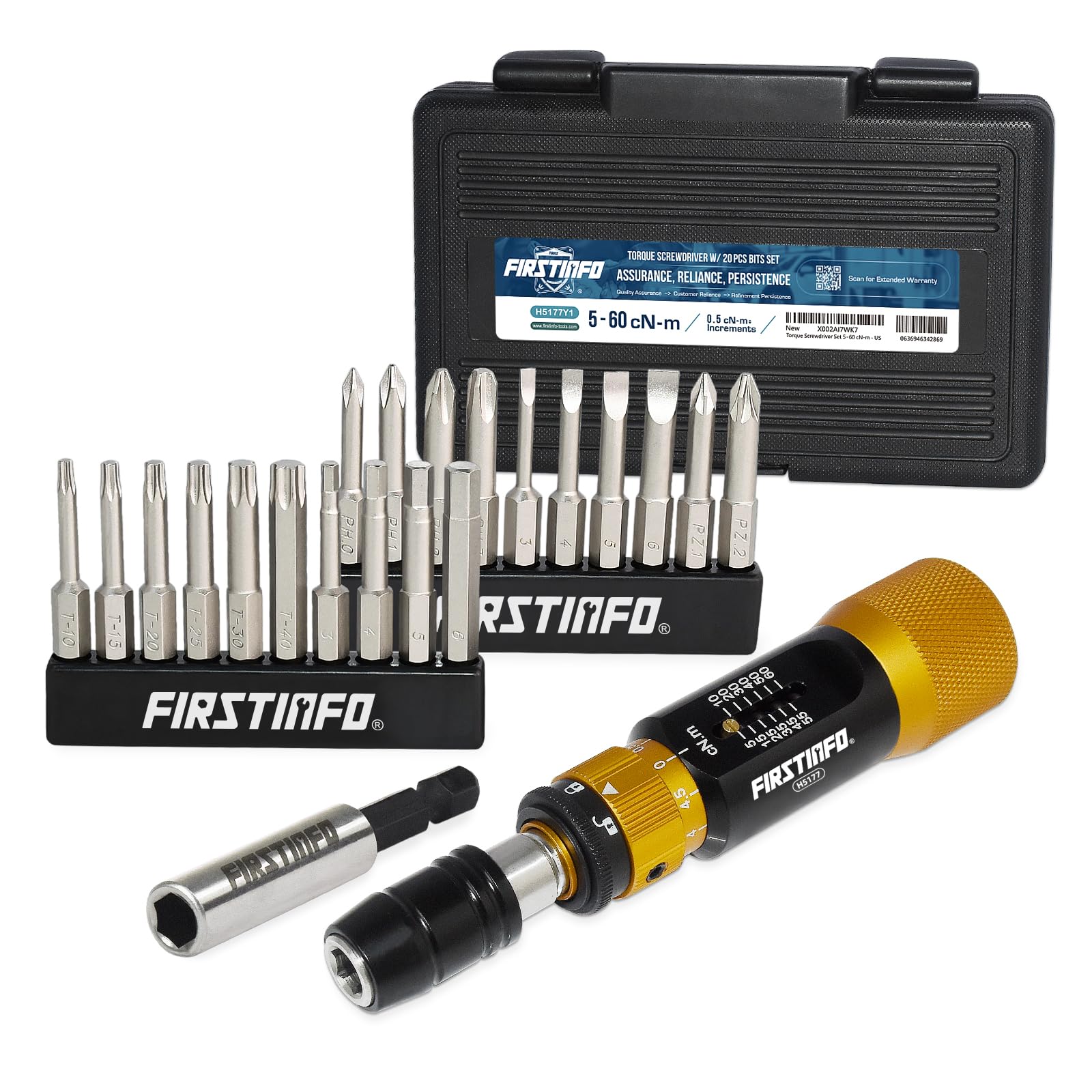 FIRSTINFO H5177Y1 | 1/4" | 5-60cNm | Adjustable Torque Screwdriver | with Quick Release Bit Holder & Screwdriver Bits Set — image 1