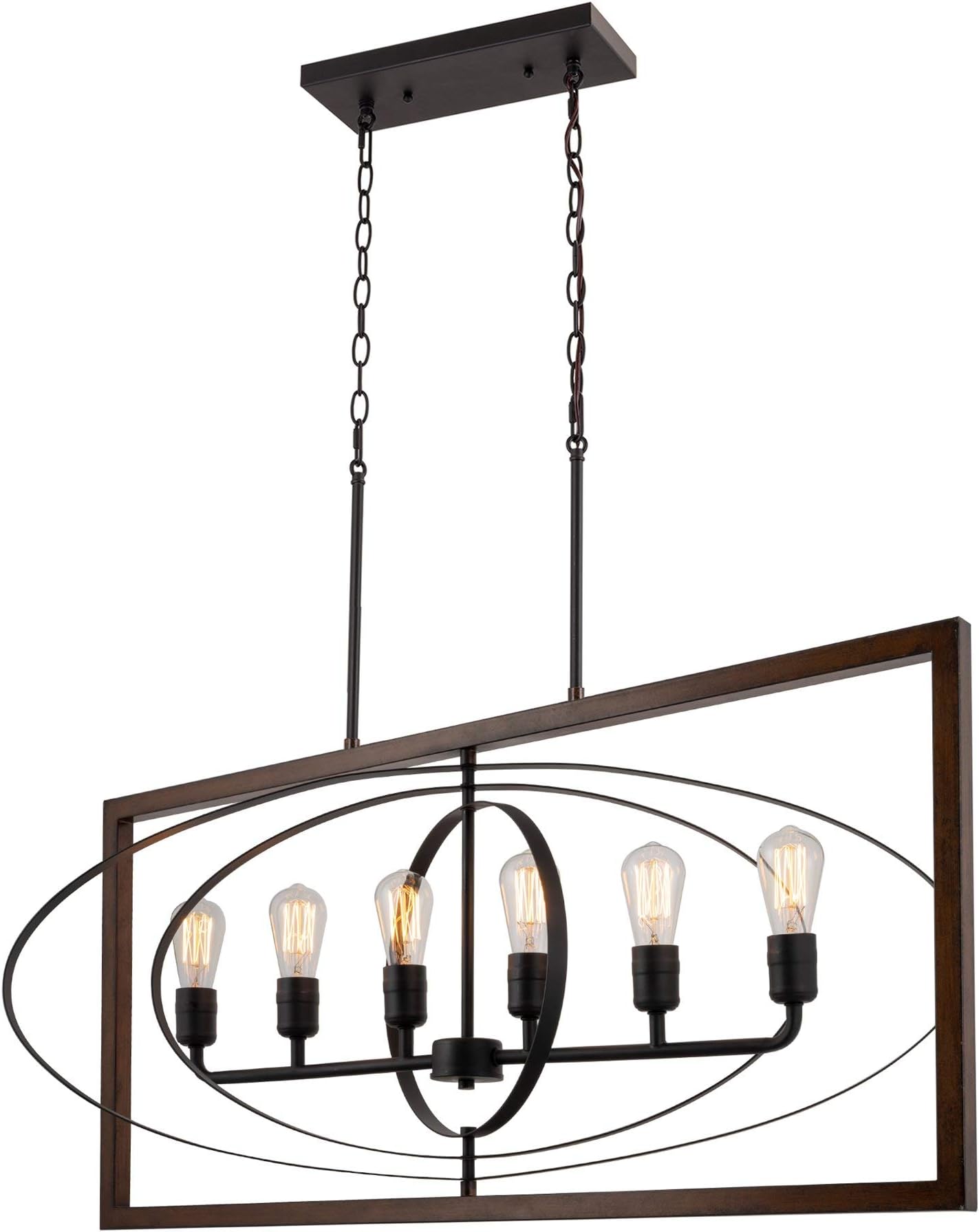 Kira Home Atlas 41" Rustic Industrial 6-Light Kitchen Island Light + Free Swinging Rings, Linear Pendant Chandelier, Mission Wood Style + Black Finish