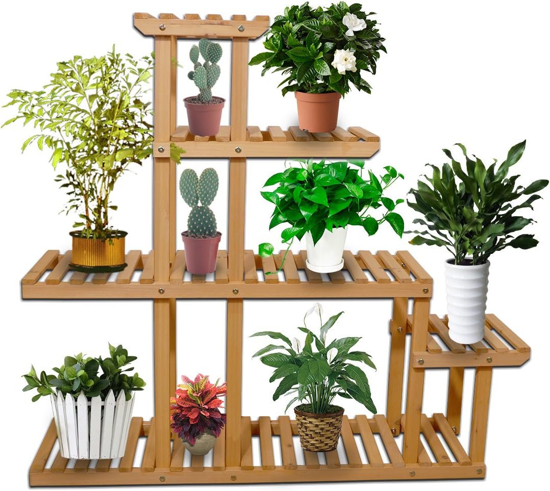Yardeen 5-Tier Wooden Plant Display Stand Bonsai Multi Tier Flower Rack Storage Organizer Rack Shelving 10 Pot Holder for Garden Patio Corner Indoor&Outdoor Décor
