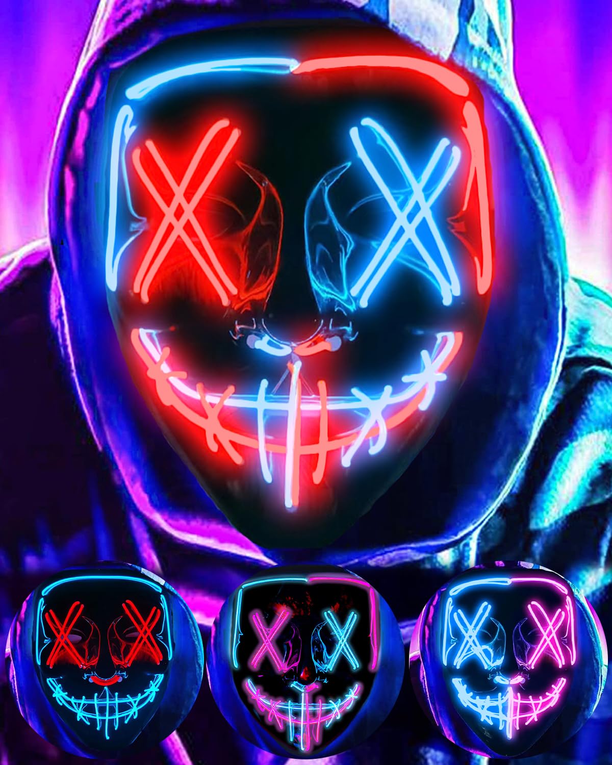 DWTECH LED Halloween Mask - Light Up Mask LED Masks EL Wire Scary Mask for Masquerade Cosplay Light Up Face Mask for Kids Men Women Halloween Festival Party (Blue&Red B)