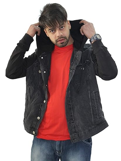 red hoodie with denim jacket