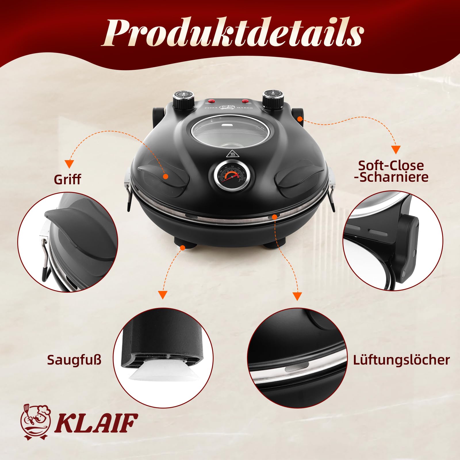 KLAIF Elektrischer Pizzaofen 420 °C, separat regelbare Ober- und Unterhitze, 31 cm Keramik-Pizzastein, 1200 W, Kompakter Pizzaofen für Zuhause, LM-Schwarz 4