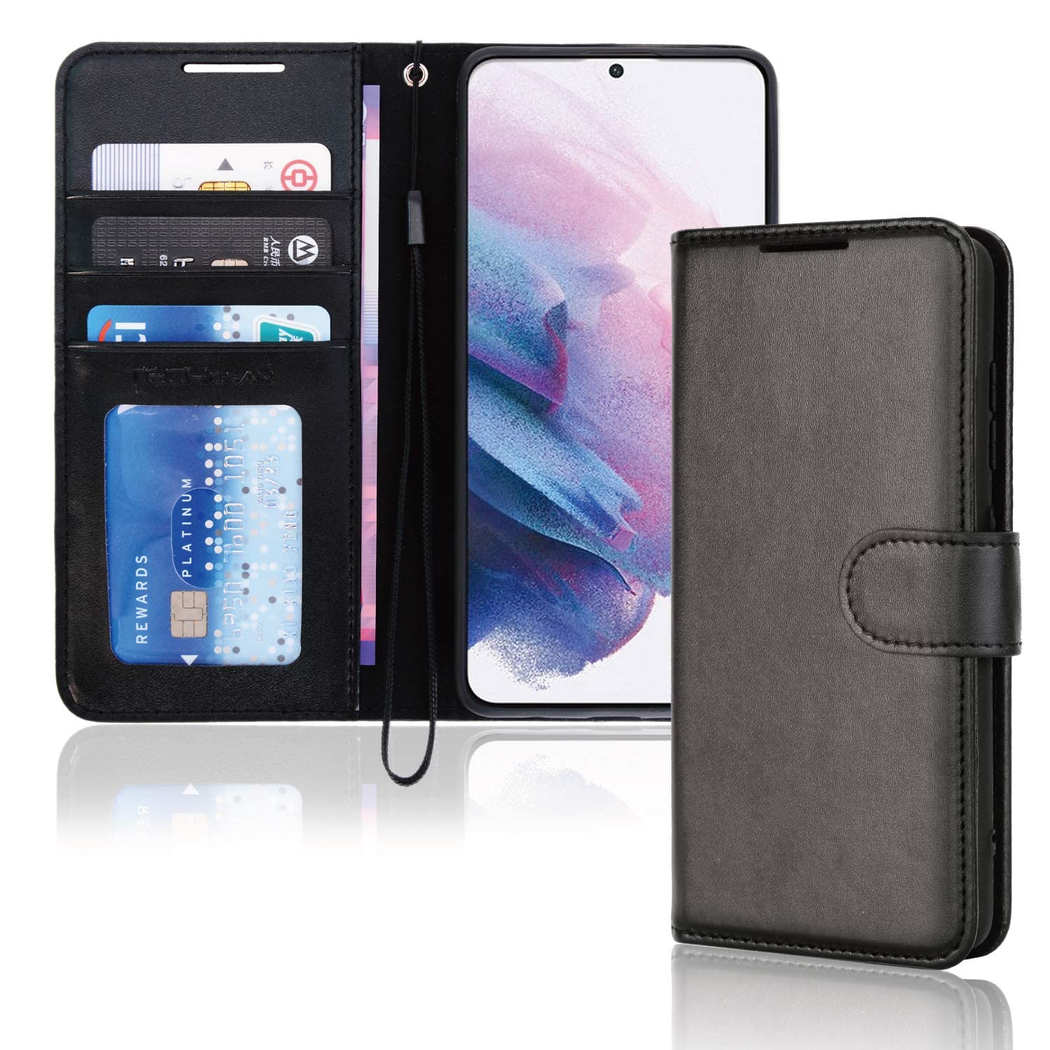 TECHGEAR Galaxy S20 Leather Wallet Case, Flip Protective Case Cover with Wallet Card Holder, Stand and Wrist Strap - Black PU Leather with Magnetic Closure Designed For Samsung Galaxy S20