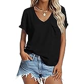 MAOECO V Neck Tshirts Shirts for Women Short Sleeve Summer Tops Loose Casual Trendy 2026 Side Slit Basic Tees