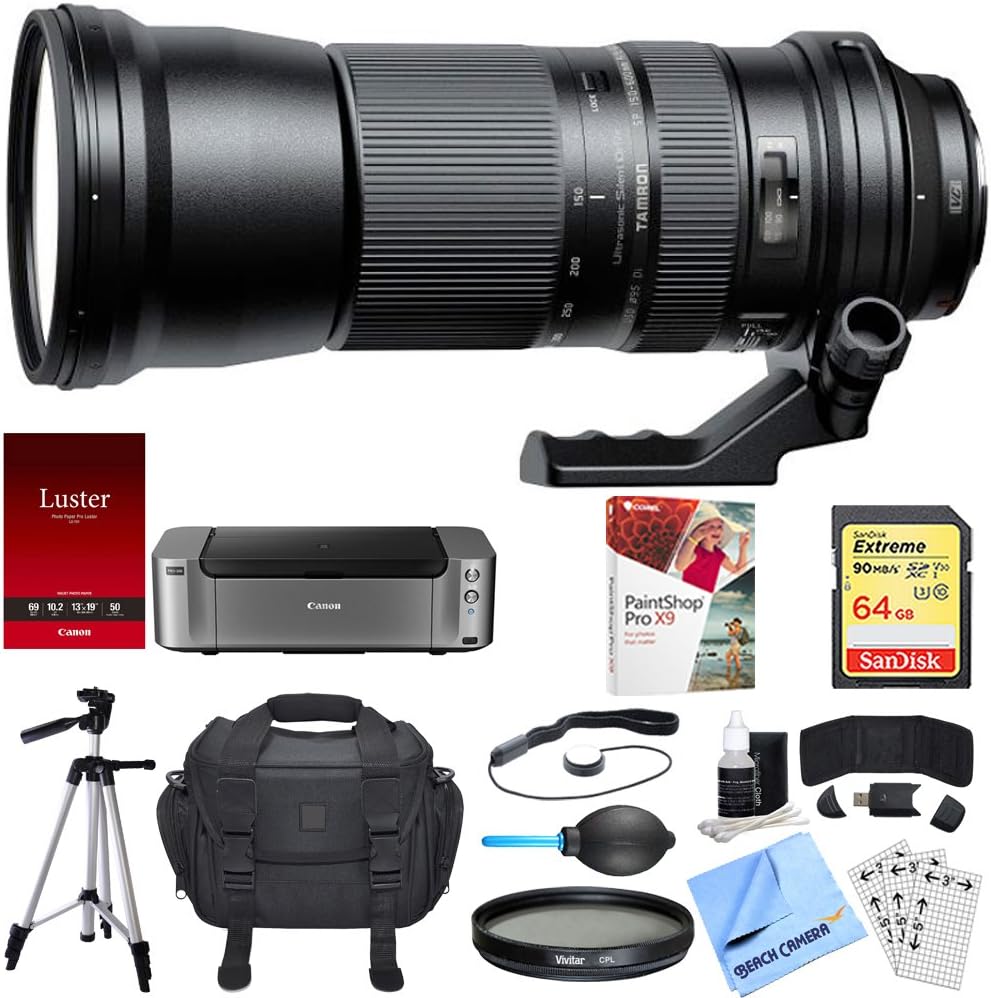 Tamron AFA011C-700 SP 150-600mm F/5-6.3 Di VC USD Zoom Lens for Canon Bundle with Professional Inkjet Photo Printer, 64GB Memory Card, Photo Paper, 95mm Filter, Bag, Paintshop Pro and 60 Inch Tripod