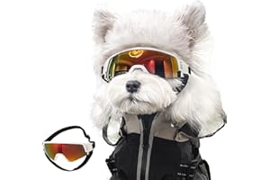 FOREVER CARING TOGETHER Dog Goggles for Small to Medium Breed, Dog Sunglasses UV Protection, Windproof & Anti-Fog, Puppy Sunglasses with Padded Frame and Adjustable Straps for Outdoor Riding, Driving（White）