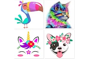 CEUHROG 4 Pack Paint by Numbers for Kids Ages 4-8, Children Beginners Easy Acrylic Watercolor Paint Numbers Canvas Art for Kids Ages 8-12, DIY Cartoon Animals Oil Painting for Home Wall Decor