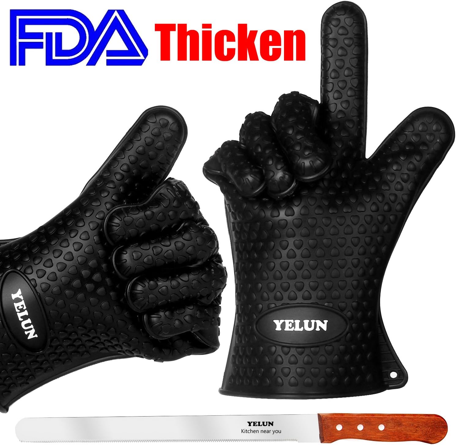 Silicone Oven Gloves - YELUN Grilling Cooking Gloves Heat Resistant Kitchen Pot Holders and Oven Mitts - Insulated & Waterproof - Barbecue Without Burning Your Hands - Black - Set of 2