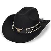 Western-Cowboy-Hats for Women Men - Classic Wide Brim Felt Fedora Unisex Upturn Bull Head Cowgirl Caps with Buckle Belt