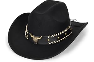 FGSS Western-Cowboy-Hats for Women Men - Classic Wide Brim Felt Fedora Unisex Upturn Bull Head Cowgirl Caps with Buckle Belt