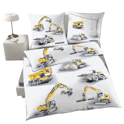 Liebherr Renforce Jungen Bettwäsche Bagger, Baustelle & LKW - 2 tlg. Kissenbezug 80x80 + Bettbezug 135x200cm - 100 % Baumwoll