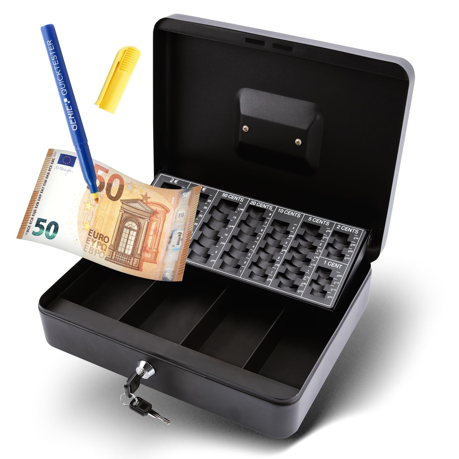 Olympia CB 770 Plus Box Including Genie Counterfeit Checker Made of Powder-Coated Steel, Retractable Handle, with Coin Counting Board, Security Cylinder Lock, 30 x 24 x 9 cm, Black