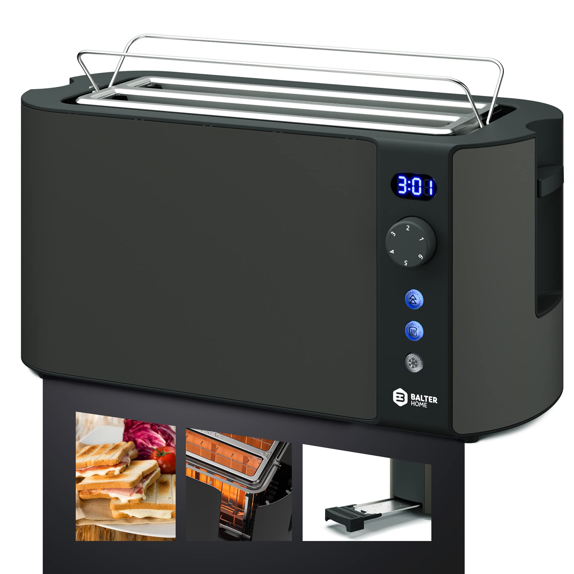 Balter Toaster 4 Scheiben, Langschlitz, Edelstahl, Brötchenaufsatz, LCD Display mit Restzeitanzeige, Auftaufunktion, Brotzentrierung, Krümelschublade, TS-04-LCD, Farbe: Schwarz 7