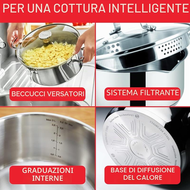 Utensili da cucina 6 pezzi, casseruola 16 cm, Pentole 20/24 cm, Coperchi in vetro, induzione, Acciaio inossidabile 18/10, Garanzia 10 anni, Base 3 strati, Duetto On A705S636