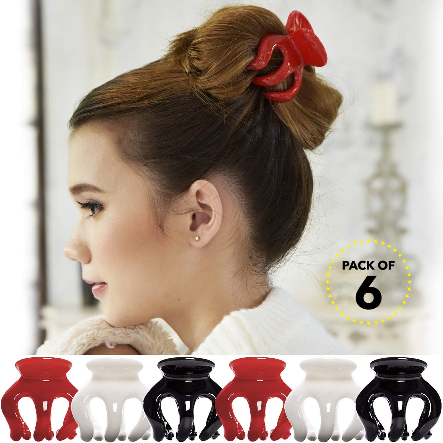 RC ROCHE ORNAMENT 6 Pcs Womens Pumpkin Hair Secure No Slip Grip Claw Clips Styling Plastic Strong Durable Comfortable Hold Premium Quality Beauty Accessory Girls, Large Red White and Black