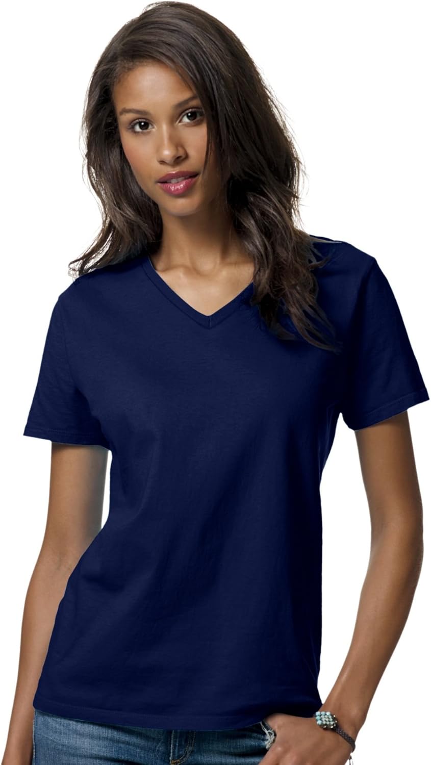 Hanes 5.2 oz. V-Neck Cotton T-Shirt (5780) Deep Royal Blue, L at Amazon Womenâs Clothing store 