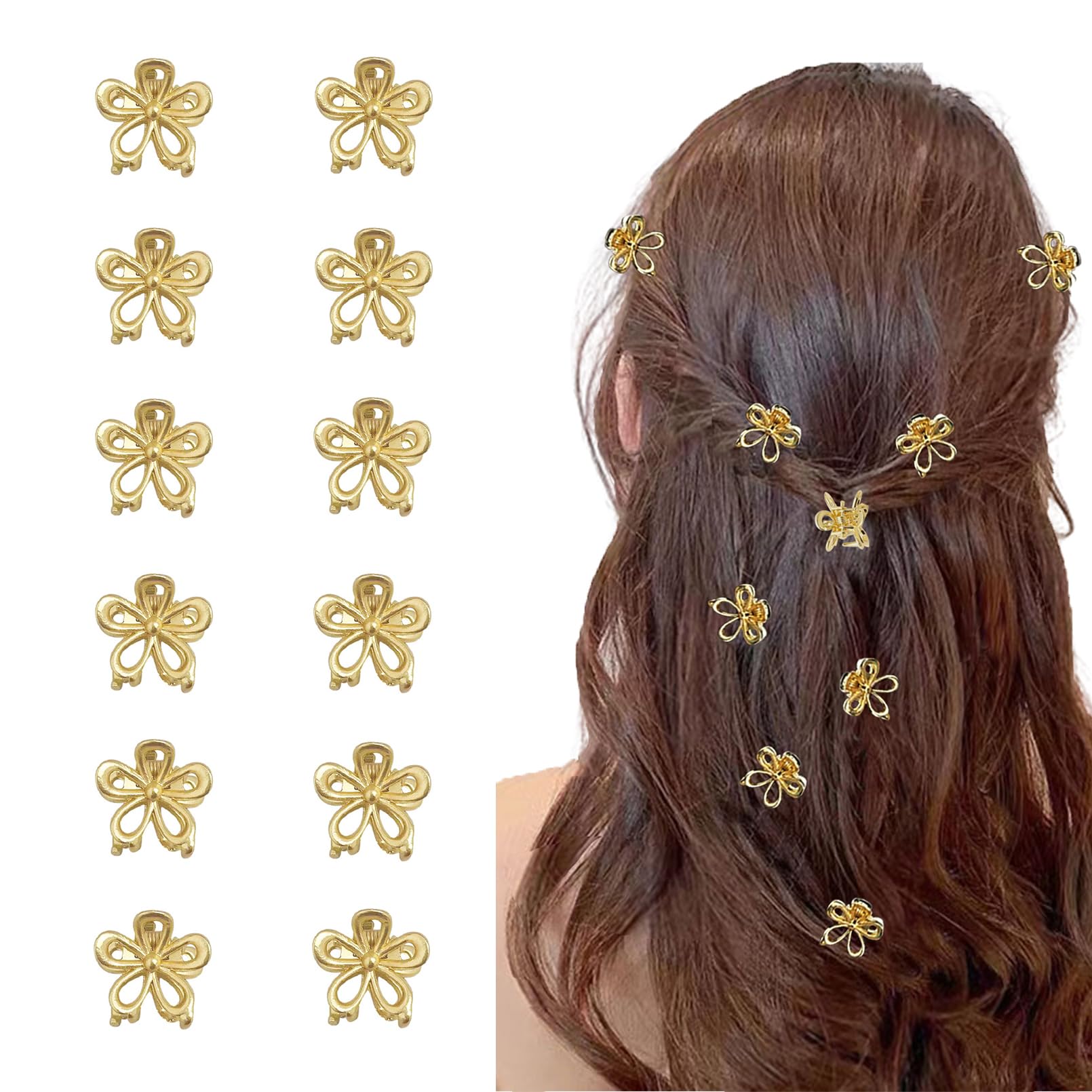 12 Pcs Small Hair Clips, Mini Claw Clips for Women, Gold Flower Design, Sturdy Metal, Cute Accessories for Women and Girls