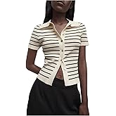 Verdusa Women's Old Money Striped Knit Tops Button Down Short Sleeve Sweaters Collared Tee Tops