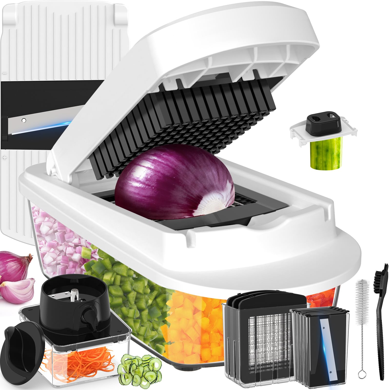 Photo 1 of 12 Blade All-in-1 Vegetable Chopper Mandoline Slicer with Container, Spiralizer with Containers, Food Chopper, Onion Chopper, Veggie Cutter for Salad, Kitchen Gadgets Accessories Essentials, White