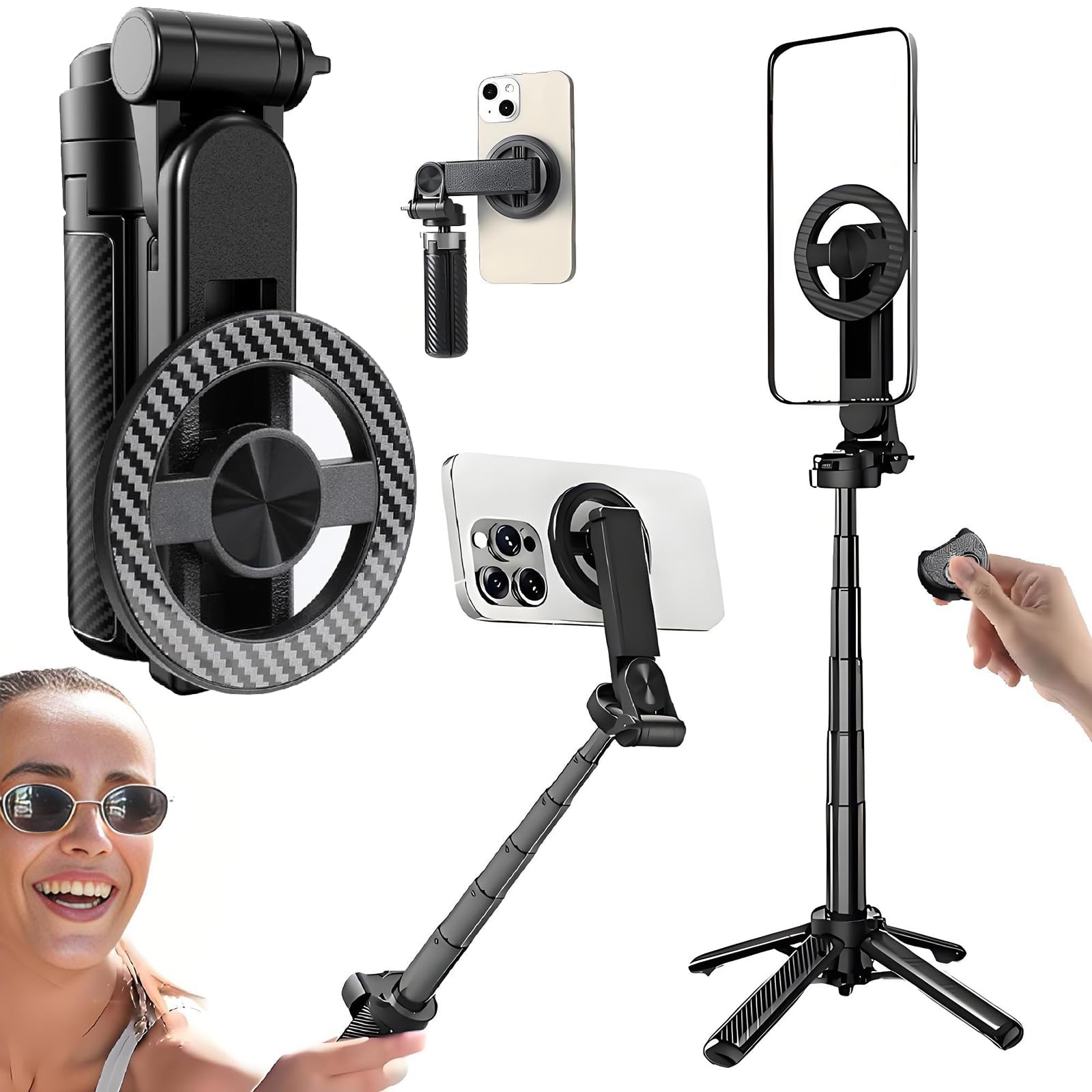 Domiunier 4-in-1 Multifunctional 360° Rotation Magnetic Selfie Stick with Detachable Wireless Remote for iPhone & Android, Portable Extendable Phone Tripod Stand for Travel Vlog Live Streaming