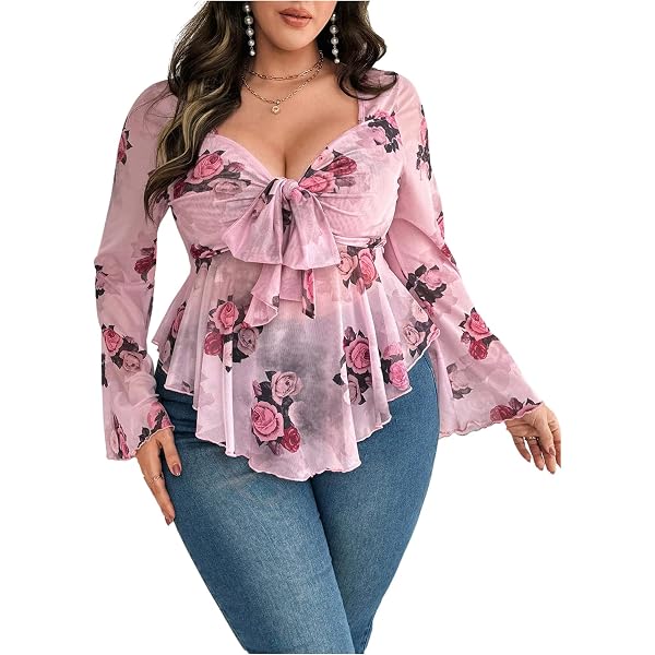 Floerns Women's Plus Size Floral Cami Top - Spaghetti Straps, Front Ruffle Hem, V-Neck, Stretchy Summer Tops - View #3