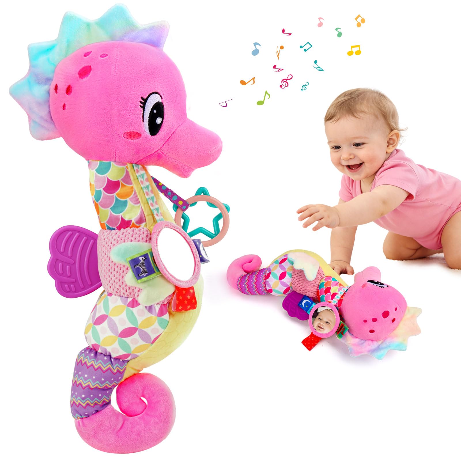 Baby Girl Toys 0-6 Months Musical Seahorse Stuffed Animal Tummy Time Toys Infant 3-6 6-12 Months with Baby Mirror Sensory Newborn Crinkle Developmental Easter Toy Birthday Shower Gifts 3 4 5 6 Month