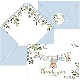 IANFEPH 24Pcs Baby Shower Thank You Cards with Envelopes Stickers Blue Cloth Eucalyptus Leaves Blank Note Envelopes Greeting Cards for Baby Shower Gender Reveal Birthday Party Supplies