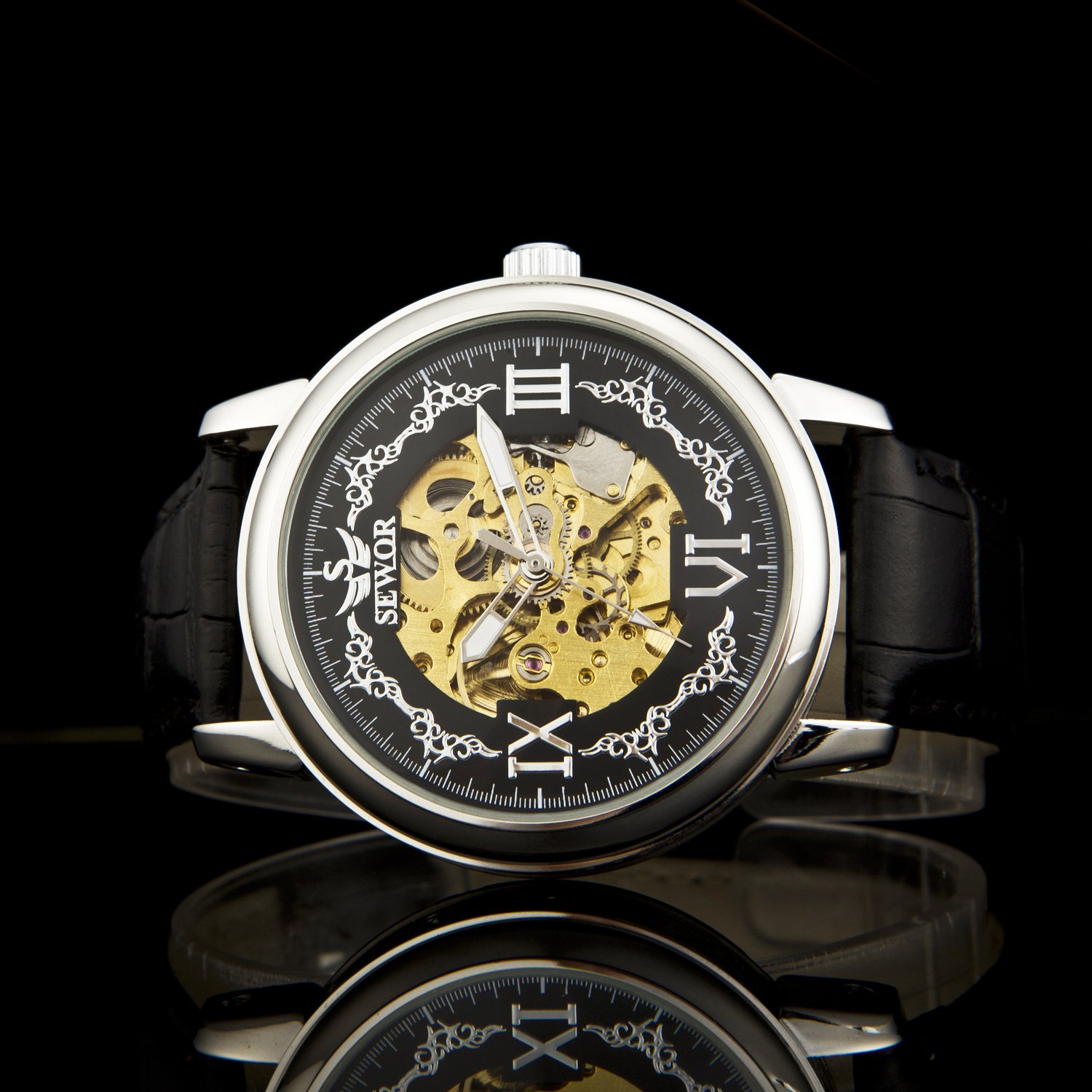 SEWOR Crusader Orologio da polso meccanico con scheletro trasparente a mano da uomo con cassa in pelle marrone e oro (Argento & Nero)