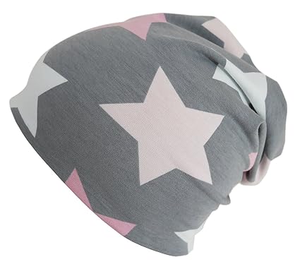 Wollhuhn ÖKO Long-Beanie, Wende-Mütze, ganzjährig, Big Stars Hellgrau/rosa/hellpink, Innenseite Uni grau, für Mädchen, 201507