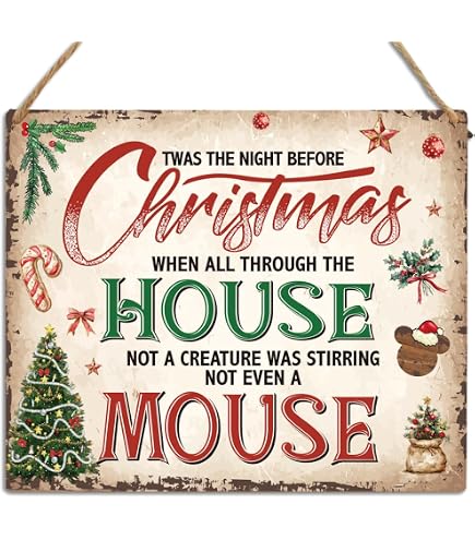 Christmas Door Sign – "Not A Creature Was Stirring" Wooden Wall Art, 12x6 Inch Holiday Decor For Indoor/Outdoor