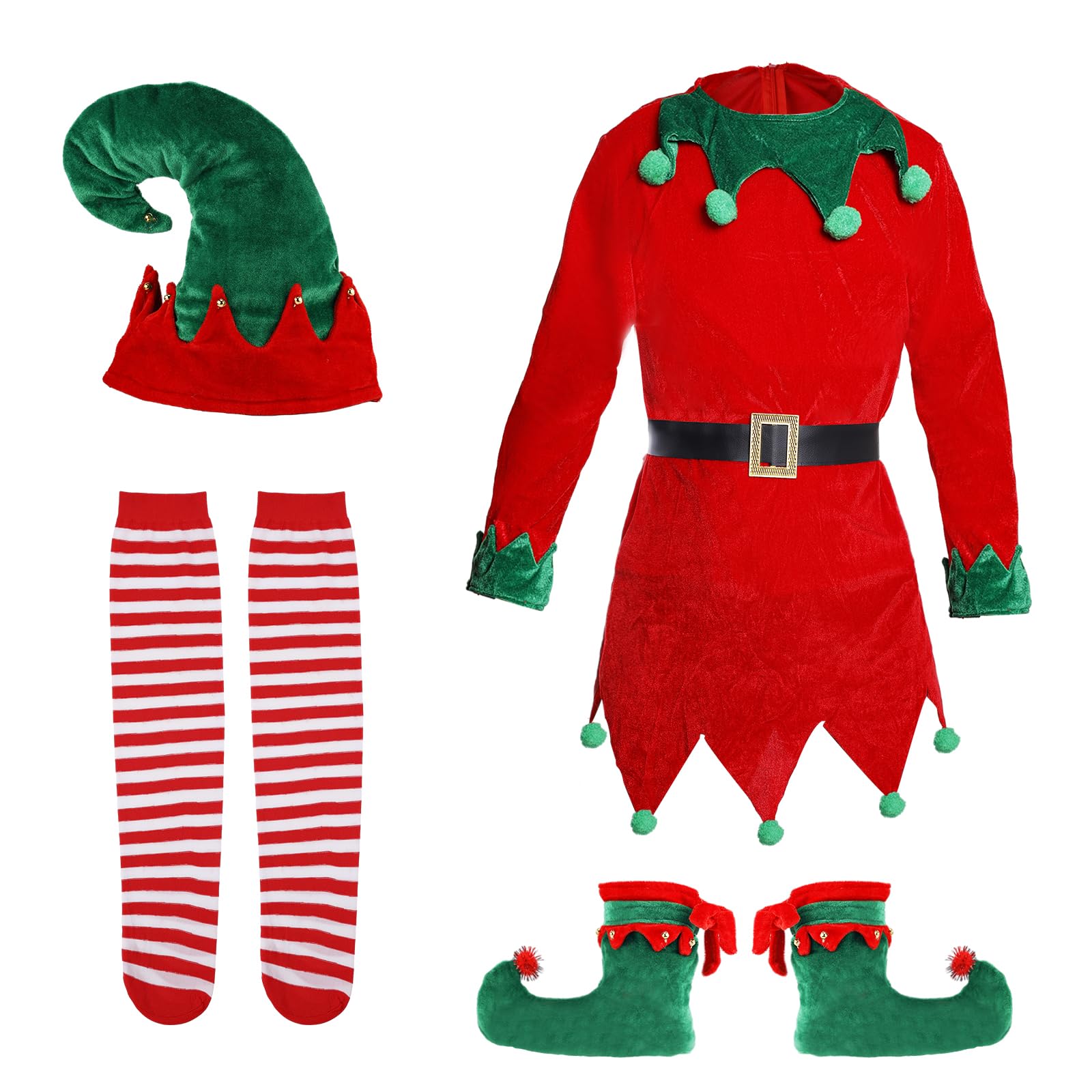 XIHIRCD Christmas Elf Costume Sets, Funny Jester Cosplay Outfit With Elf Hat, Long Striped Socks, Bell Shoes, for Kids Girls Boys Women Party Favors (7-12 Years Old)
