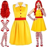 TaoBary 4 Pcs Halloween Fast Food Clown Waitress Costume Set for Women Long Arm Gloves Knee High Socks Red Wig for Cosplay
