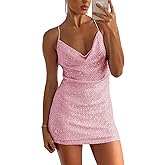 MIYIEONZ Women's Sequin Sparkly Glitter Dress Sexy Sleeveless Backless Spaghetti Strap Party Club Bodycon Mini Dress