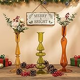 Mumufy 3 Pcs Vintage Christmas Glass Candlestick Holders Neutral Christmas Shaped Glass Taper Candle Holder Amber Olive Honey Gold Xmas Candle Stick Vase Decor for Holiday