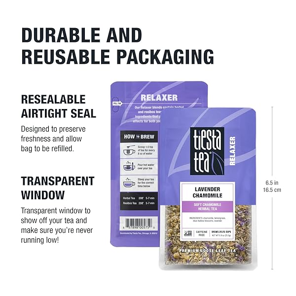 TIESTA TEA – LAVENDER CHAMOMILE HERBAL TEA, LOOSE LEAF, CALMING BLEND WITH CHAMOMILE, LAVENDER, AND LEMONGRASS, CAFFEINE-FREE HERBAL, GREAT FOR HOT OR ICED, RESEALABLE POUCH, 25 CUPS, 0.9 OUNCE