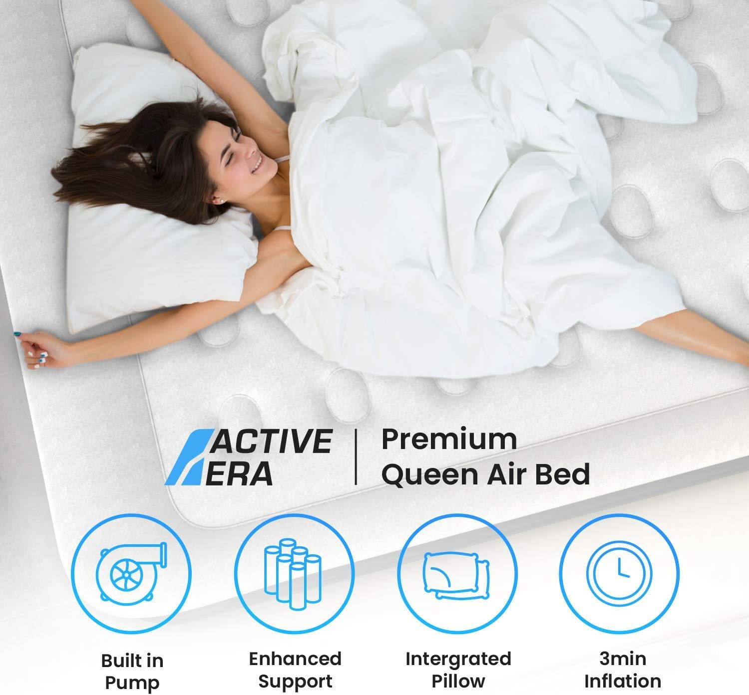Active Era Queen Air Mattress with Built in Pump & Raised Pillow – Puncture Resistant with Waterproof Flocked Top, Elevated Inflatable Air Bed for Guests: Sports & Outdoors