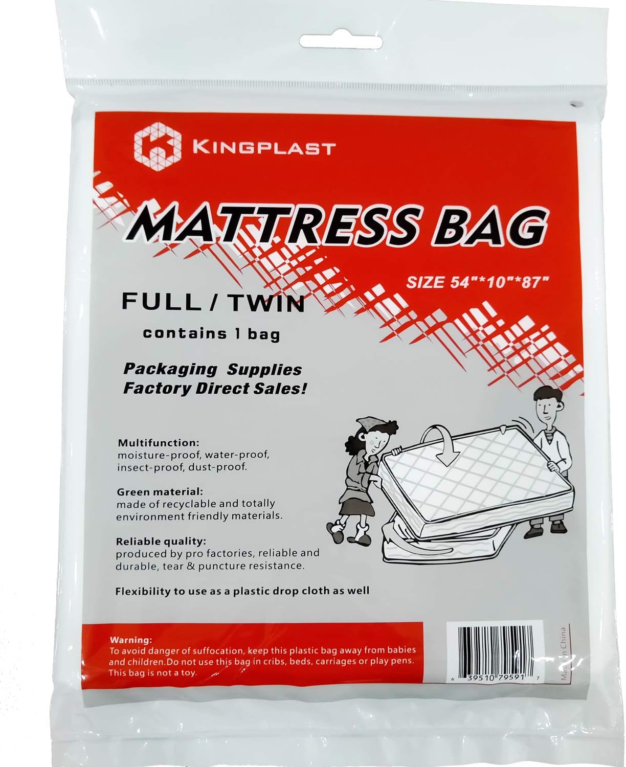 Kingplast Twin/Full Mattress Bag for Moving, 54" x 87" Disposable